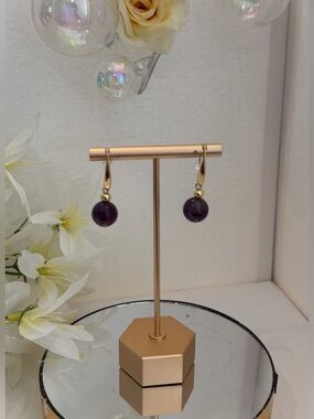 Gold Hook Earrings with Amethyst Semiprecious Stone NEW